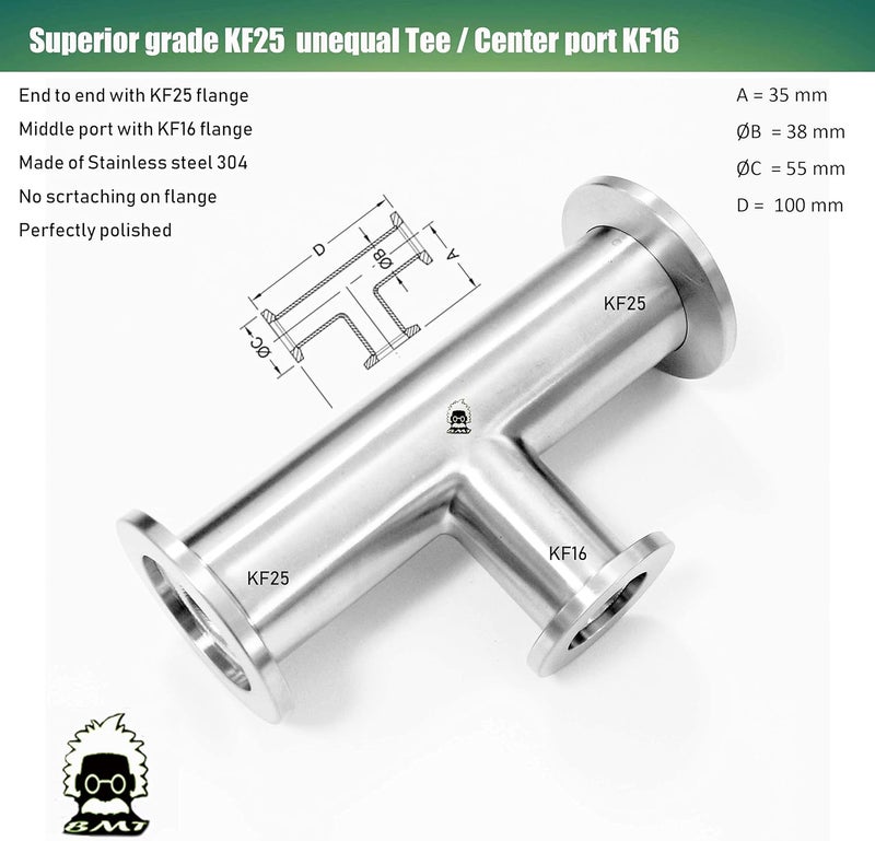 BROWNIAN MOTION TECHNOLOGY bmotiontech Superior Grade - Unequal Tee Fitting with ISO-KF KF25 Flange to KF16 Flange - Image 3